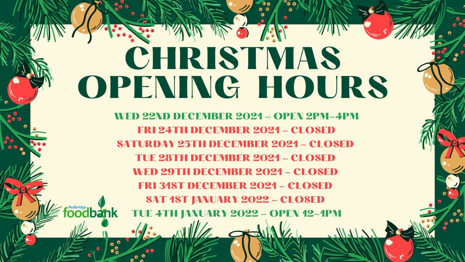 Christmas Opening Hours | Redbridge Foodbank