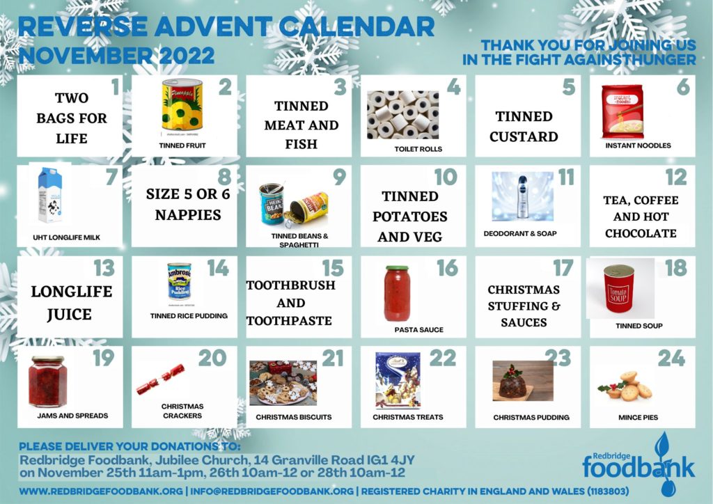 REVERSE ADVENT CALENDAR 2022 Redbridge Foodbank